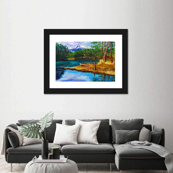Autumn Lake with Rowboat and Mountain Reflection Canvas Wall Art