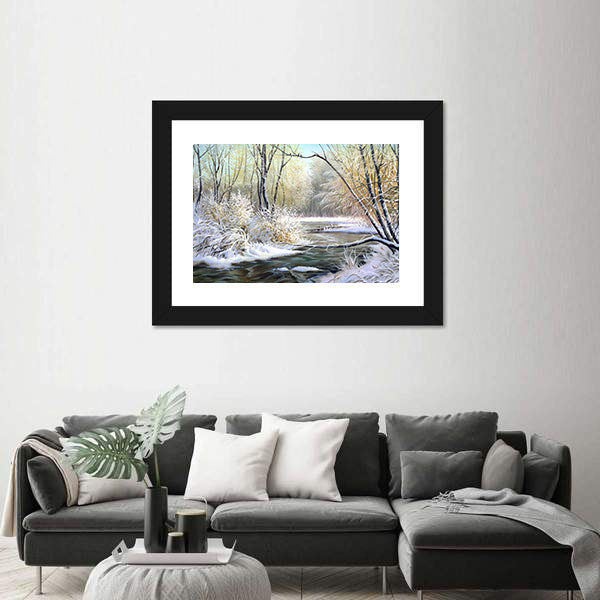 River In Winter Forest Canvas Wall Art