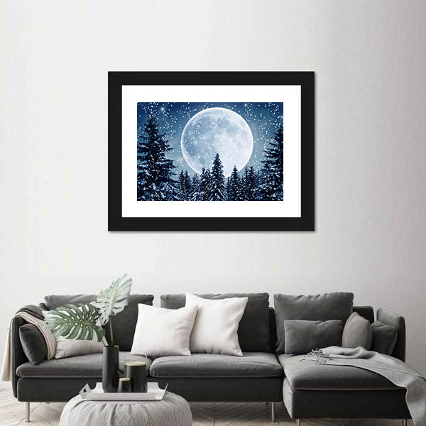 Winter Scene In Full Moon Canvas Wall Art