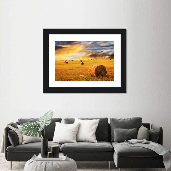 Golden Sunset Over Farm Field With Hay Bales Canvas Wall Art