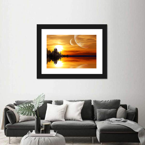Alien Planet Sunset with Twin Moons Canvas Wall Art