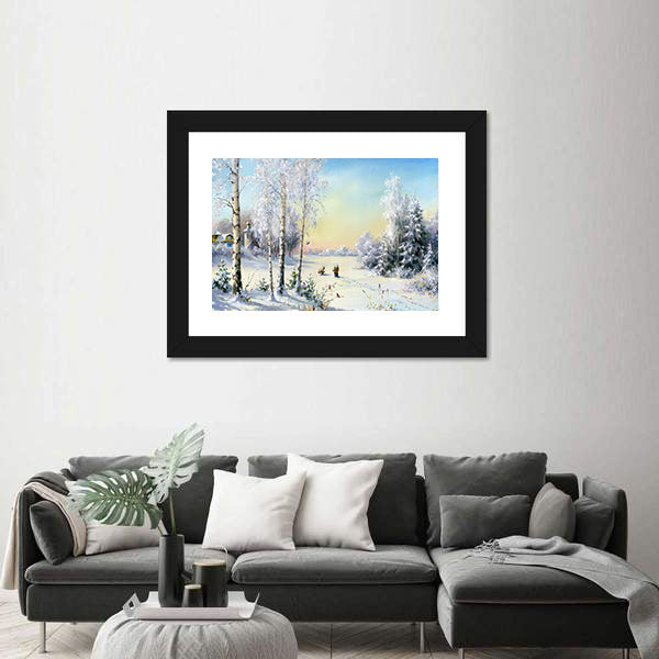 Frozen Lake In Winter Village Canvas Wall Art