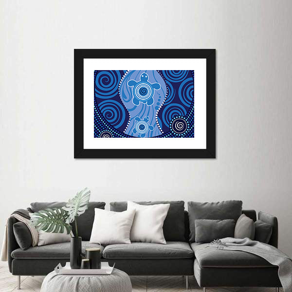 Blue Aboriginal Sea Turtles Dot Painting Canvas Wall Art