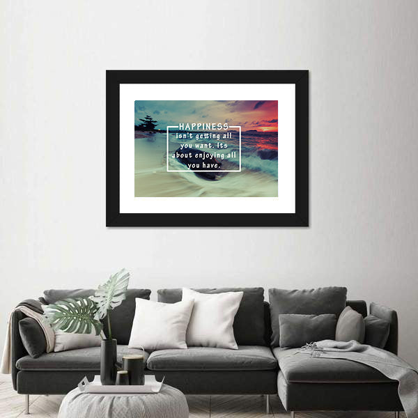 Happiness Quote Over Sunset Beach Canvas Wall Art