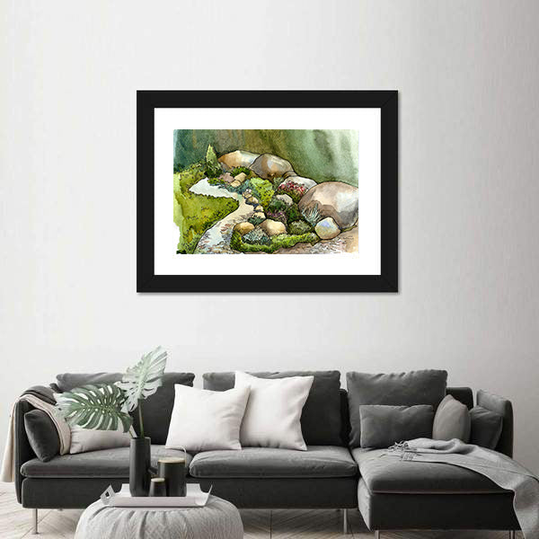 Watercolor Creek in Rock Garden Canvas Wall Art