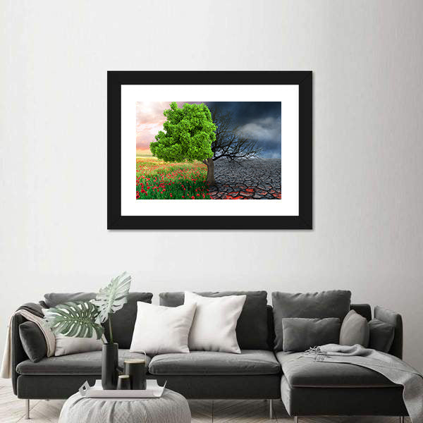Split Tree with Poppies and Cracked Earth Canvas Wall Art