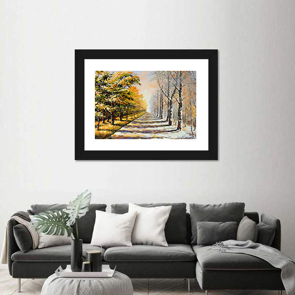 Autumn Walkway with Snow Canvas Wall Art