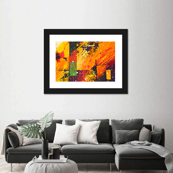 Energetic Orange Abstract with Green Block Canvas Wall Art