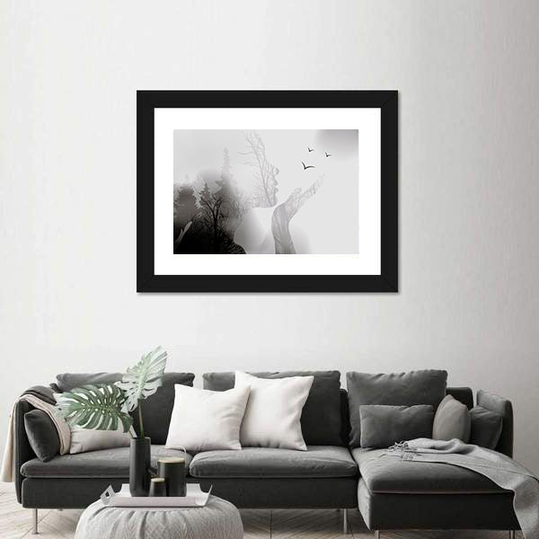 Woman Silhouette with Forest and Birds Canvas Wall Art
