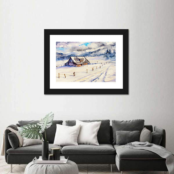 Snowy Cottage in Winter Mountains Canvas Wall Art