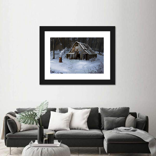 Small Cottage in Winter Forest Canvas Wall Art