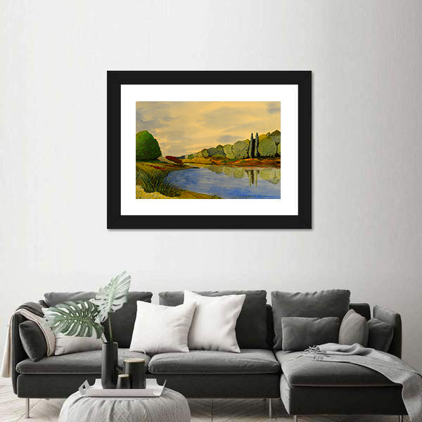 Scenic Lake Illustration Canvas Wall Art