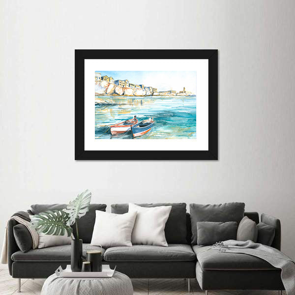 Two Rowboats in Sunny Coastal Watercolor Canvas Wall Art