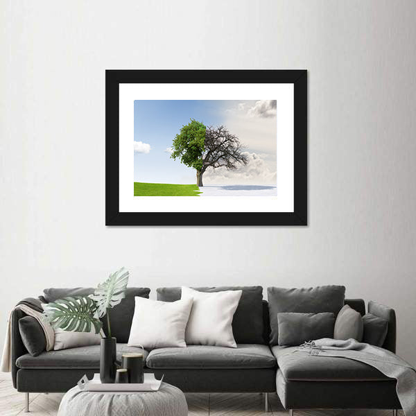 Tree Split Between Summer and Winter Canvas Wall Art