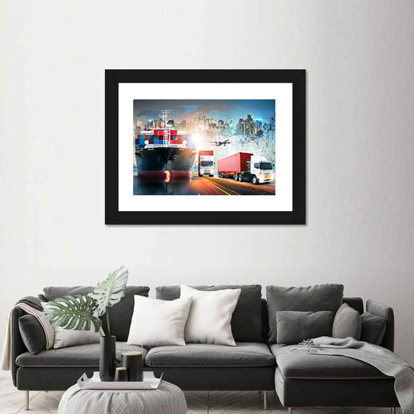Global Logistics Collage with Cargo Ship and Containers Canvas Wall Art