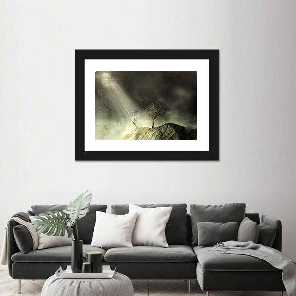 Person with Umbrella on Rainy Cliff Canvas Wall Art