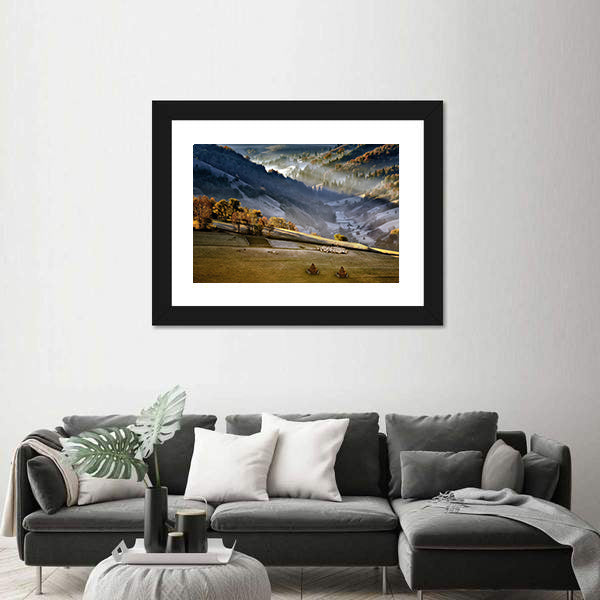 Shepherd With Sheep Heard In The Mountains Of Romania Canvas Wall Art