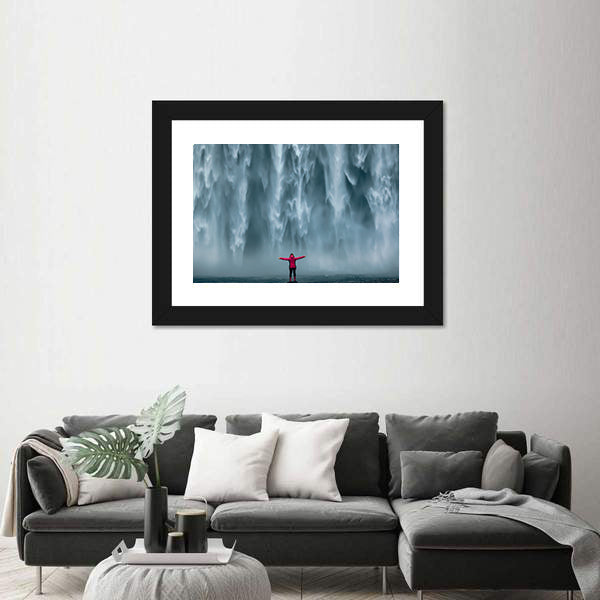 Girl Against Skogafoss Waterfall At South Iceland Canvas Wall Art