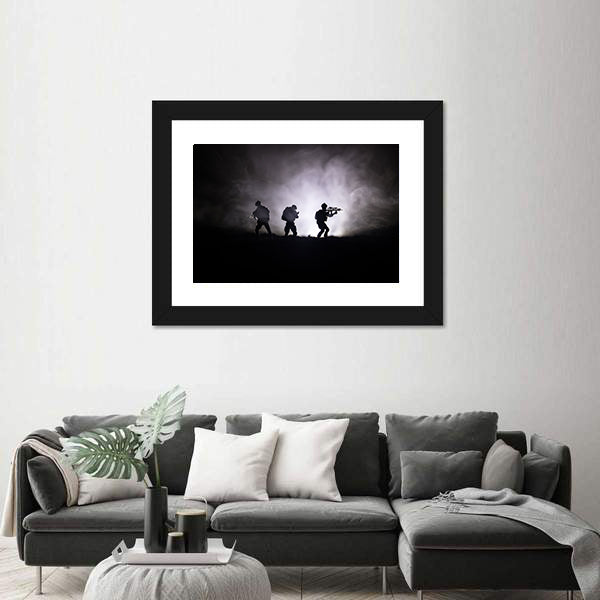 Military Soldier Silhouette With Gun Canvas Wall Art