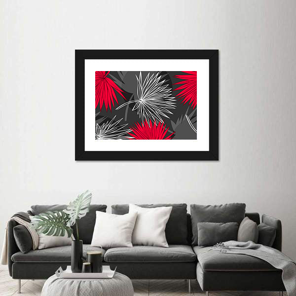 Red and Gray Palm Leaf Pattern Canvas Wall Art