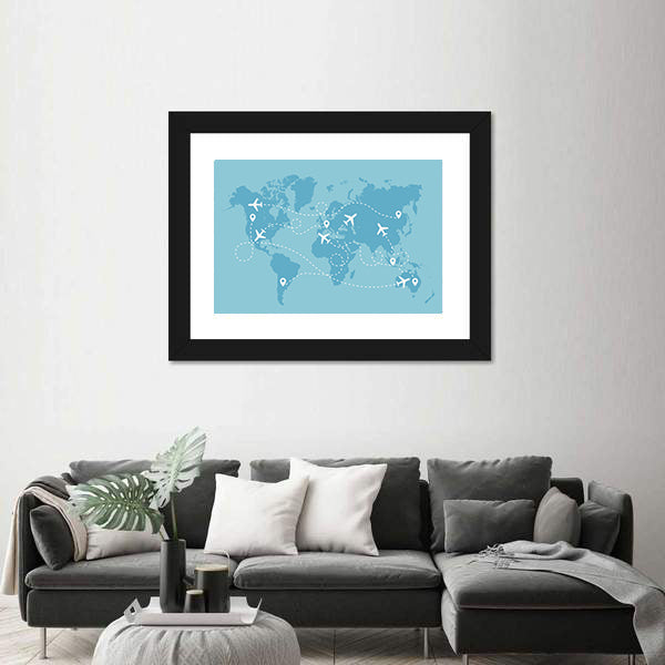 Airplane Travel Route On World Map Canvas Wall Art