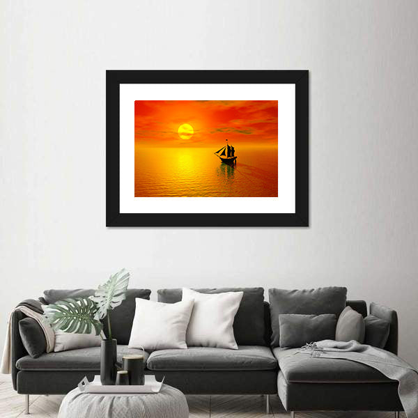 Old Boat Sunset Silhouette Canvas Wall Art