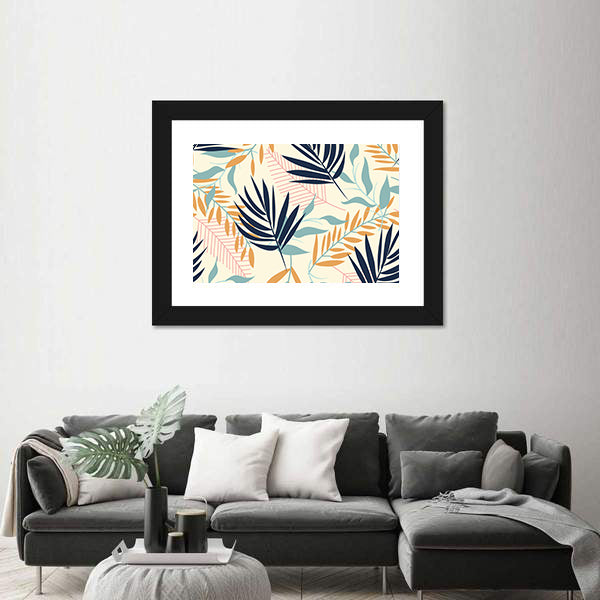 Tropical Leaves Pattern in Navy and Mustard Canvas Wall Art