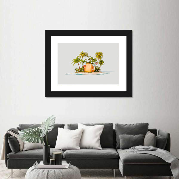 Tropical Island with Bright Orange Suitcase Canvas Wall Art