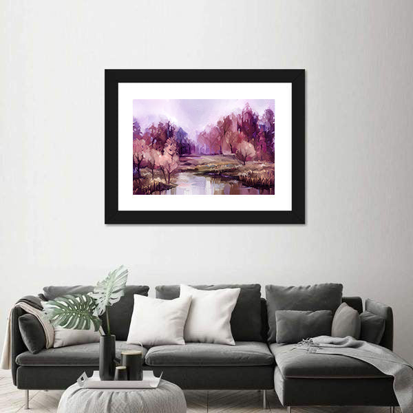Autumn Forest Lake in Lavender Hues Canvas Wall Art