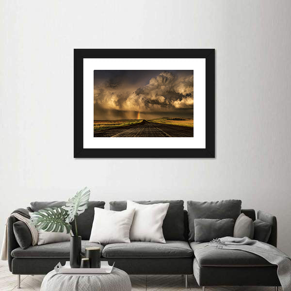 Travel Through South Dakota Border  Near Lemmon Town Canvas Wall Art in black, gray and orange, framed print shown in a room
