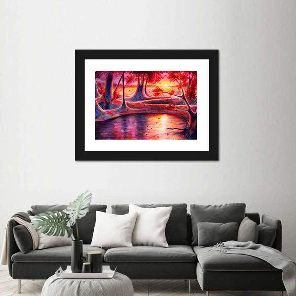 Autumn Lake Forest Watercolor Canvas Wall Art