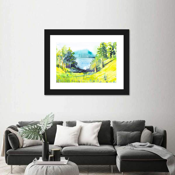 Watercolor Forest By Lake Canvas Wall Art