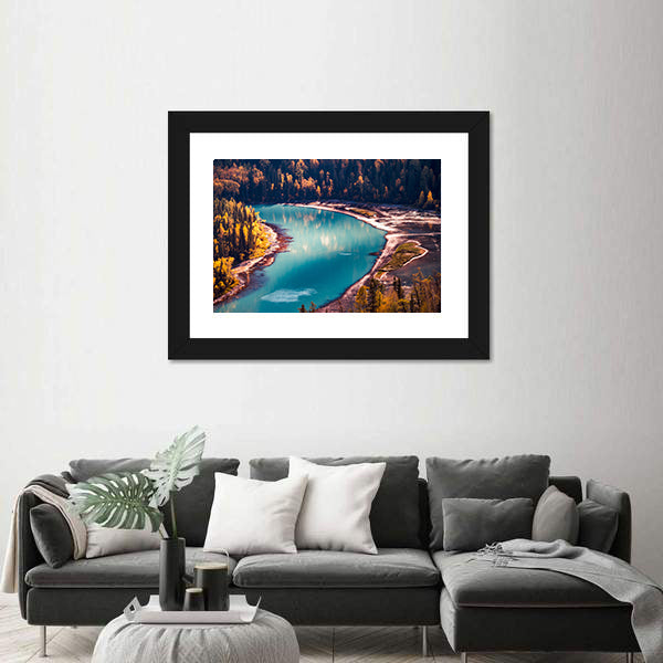 Xinjiang Kanas River In China Canvas Wall Art in green, turquoise and blue, framed print shown in a room