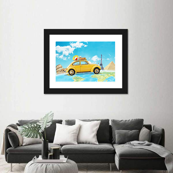 Yellow Vintage Car Over World Map Canvas Wall Art