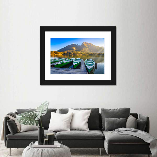 Green Rowboats on Mountain Lake Canvas Wall Art