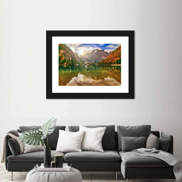 Autumn Reflection at Braies Lake Canvas Wall Art