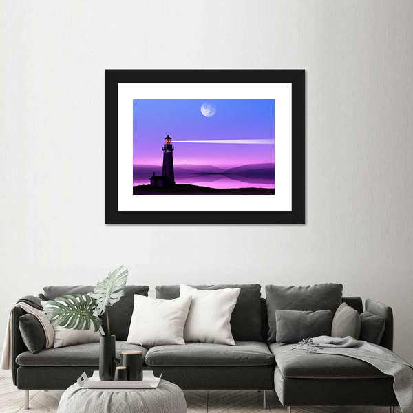 Moonlit Lighthouse Silhouette Canvas Wall Art