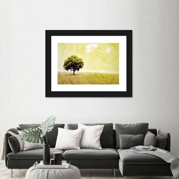 Lone Tree in Yellow Meadow Canvas Wall Art