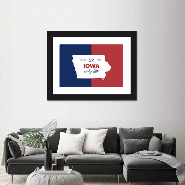 Iowa State Map with Hawkeye Script Canvas Wall Art