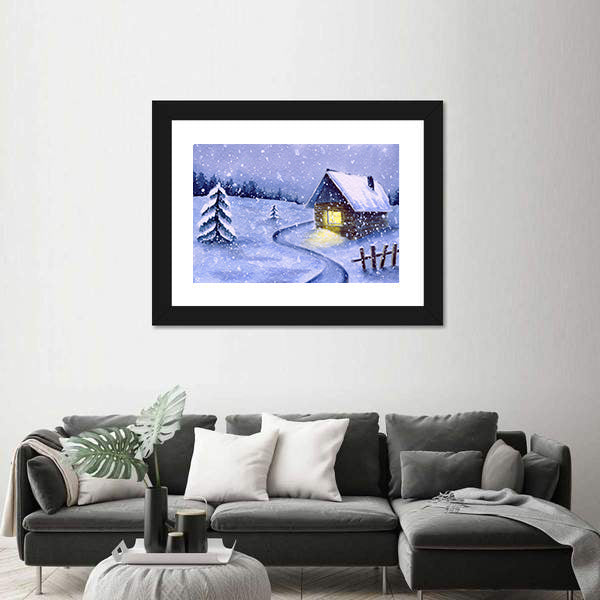 Snowy Cabin with Winding Path Canvas Wall Art