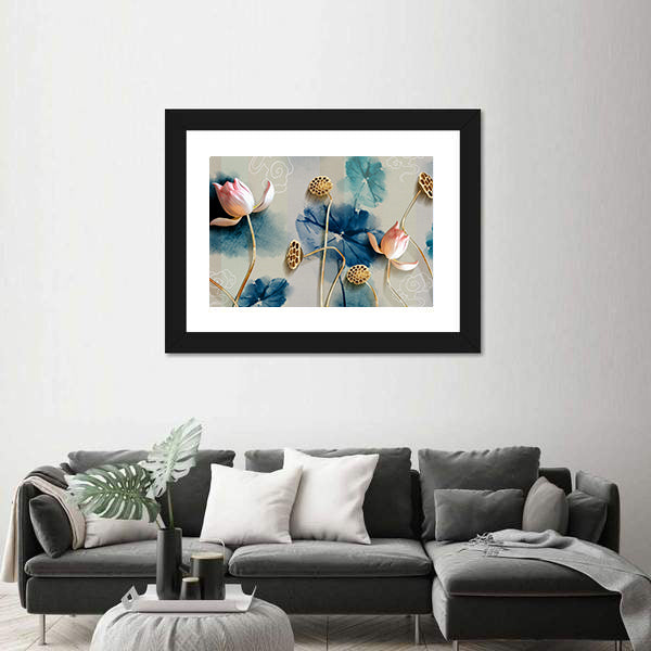 Lotus Garden Illustration with Gold Accents Canvas Wall Art