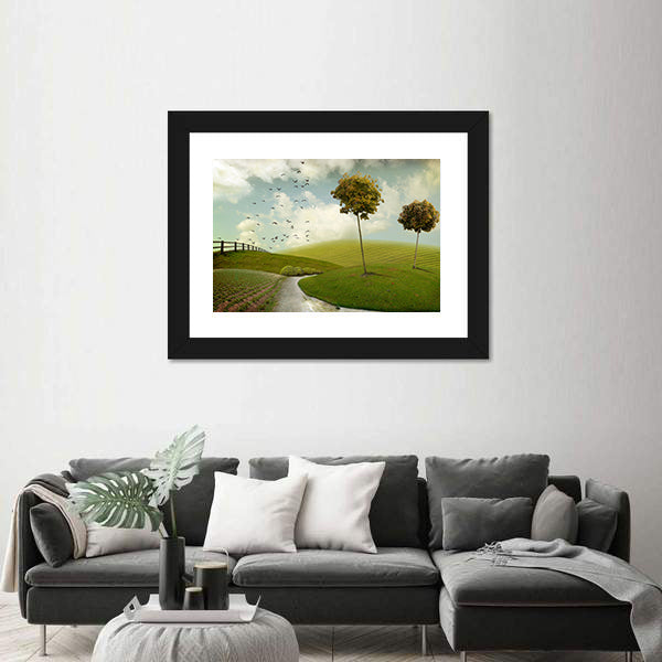 Winding Path Through Surreal Green Hills Canvas Wall Art