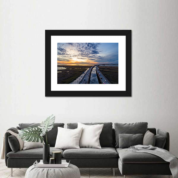 Sunset Over Highway Bridge Canvas Wall Art