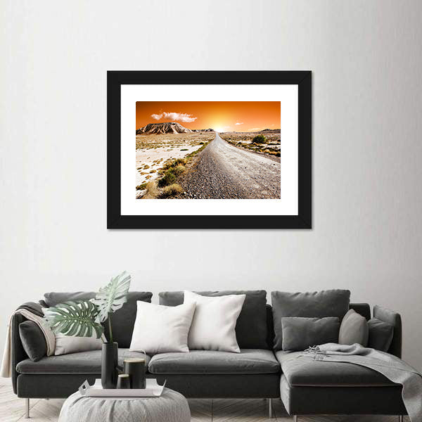 Sunset Desert Landscape With Road Canvas Wall Art
