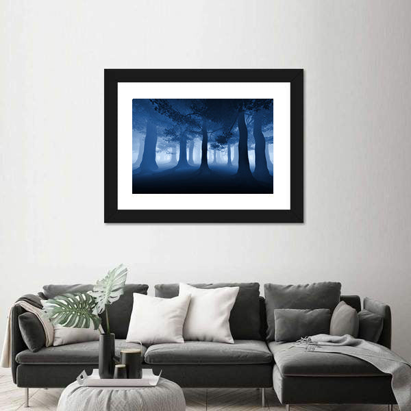 Dark Blue Forest With A Ray Of Light Canvas Wall Art
