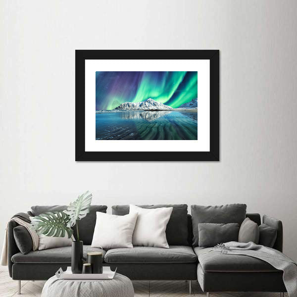 Northern Lights On Snowy Mountain In Lofoten Islands Canvas Wall Art