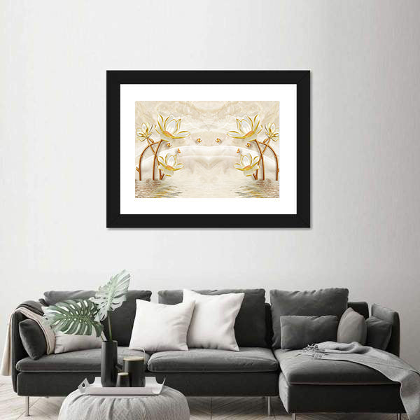Gold-edged Lotus and Butterflies Illustration Canvas Wall Art