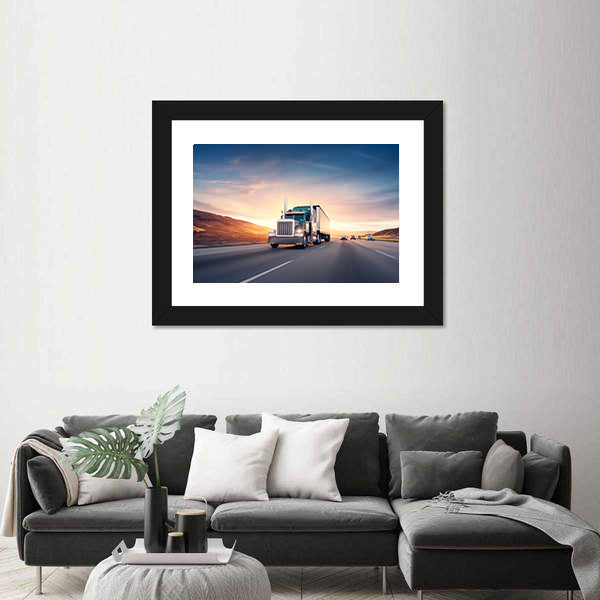 American Style Truck On Freeway Pulling Load Canvas Wall Art