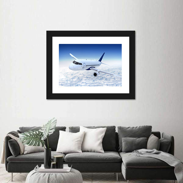 White Jet Banking Above Cumulus Clouds Canvas Wall Art