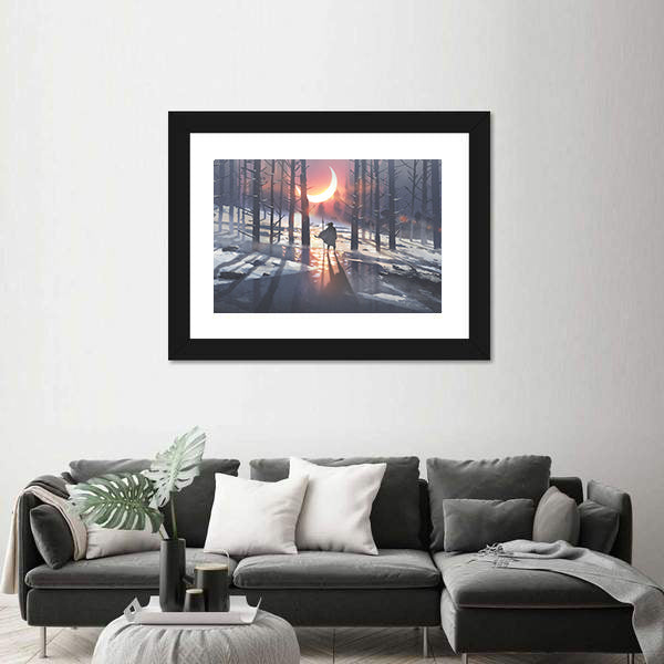 Cloaked Figure in Winter Forest Canvas Wall Art